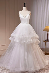 Prom Dresses Two Piece, White V-Neck Tulle Long Prom Dress, A-Line Evening Dress with Train