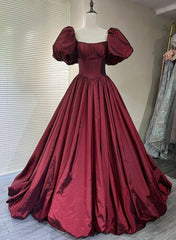 Bridesmaid Dress Color, Wine Red Taffeta Short Sleeves Long Formal Dress, Wine Red Evening Dress Prom Dress