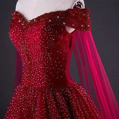 Night Club Outfit, Wine Red Tulle Beaded Tulle Sparkle Long Prom Dress, Dark Red Sweet 16 Gown