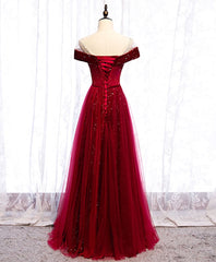 Homecoming Dresses Pockets, Wine Red Tulle with Velvet Long Party Dress, Wine Red Formal Dress Prom Dress