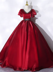 Gala Dress, Wine Red V-neckline Beaded Ball Gown Prom Dress, Wine Red Sweet 16 Dress